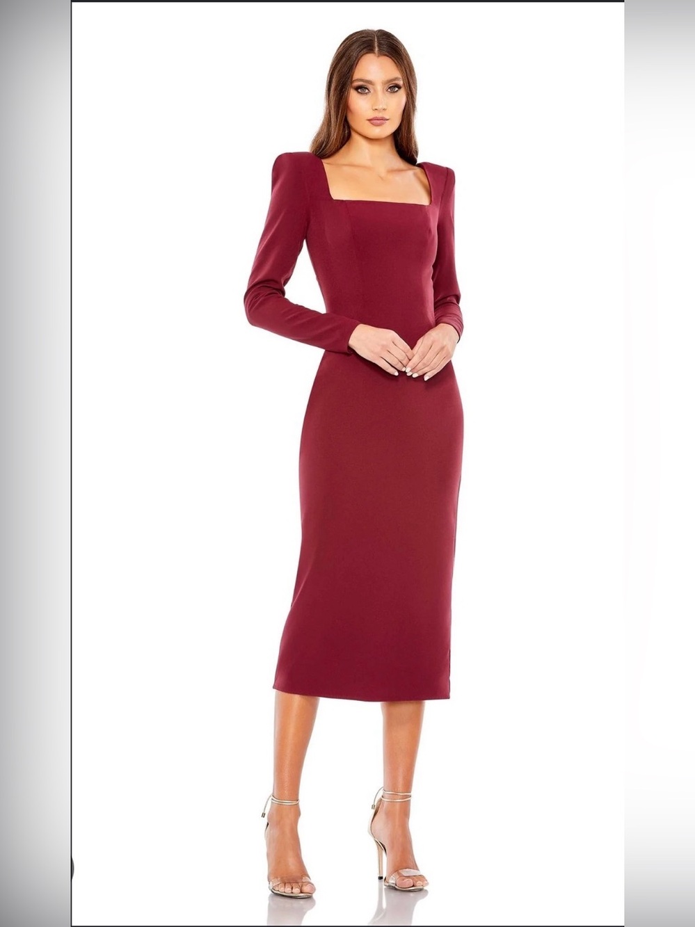 Ieena Mac Duggal 26710 Wine Square Neck Long Sleeve Midi Size 6